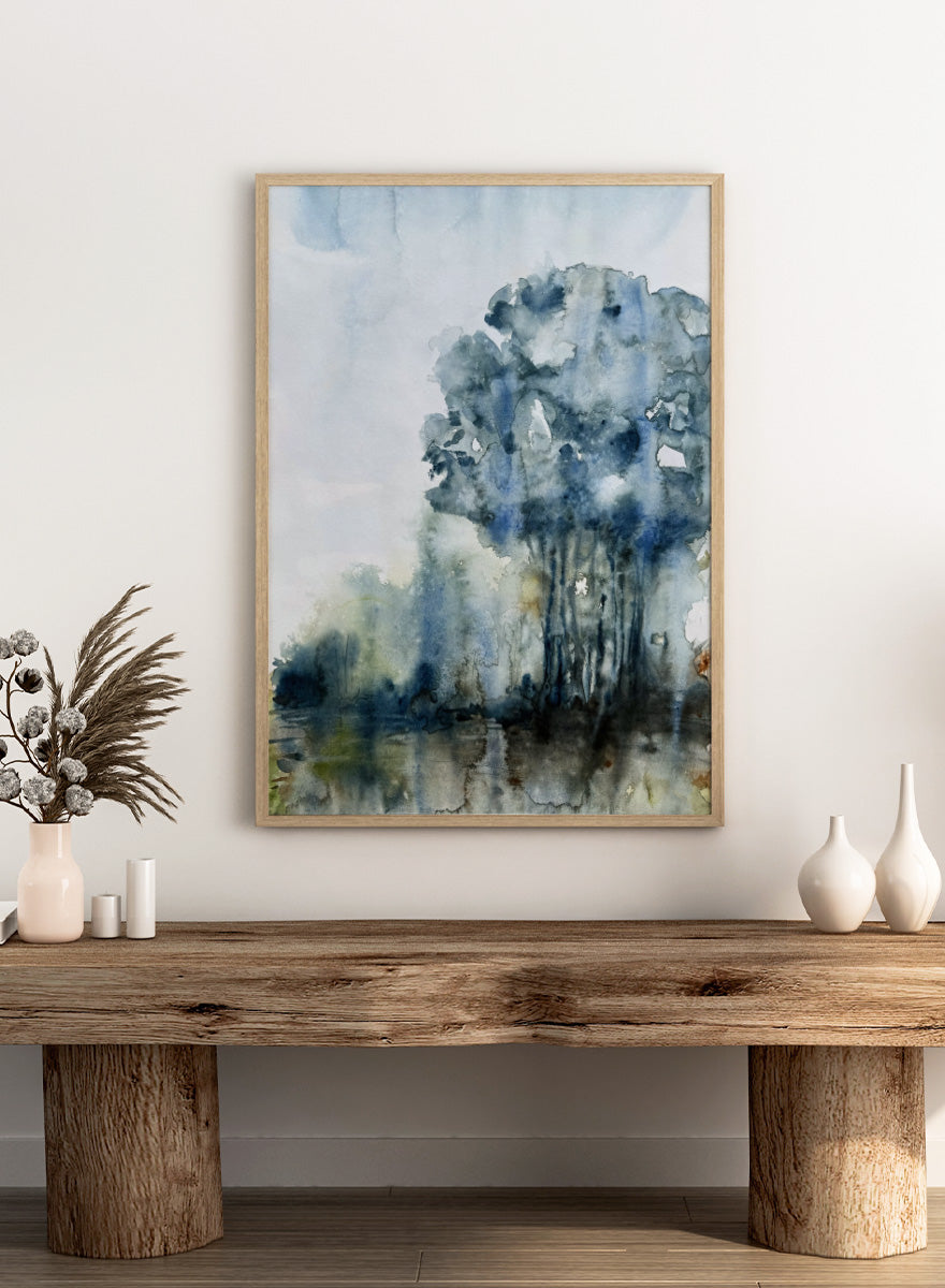 Shop Serene Forest Reflection by Helena Ryhle, a watercolor forest landscape wall art print poster with reflective water and a calm blue-toned mood.