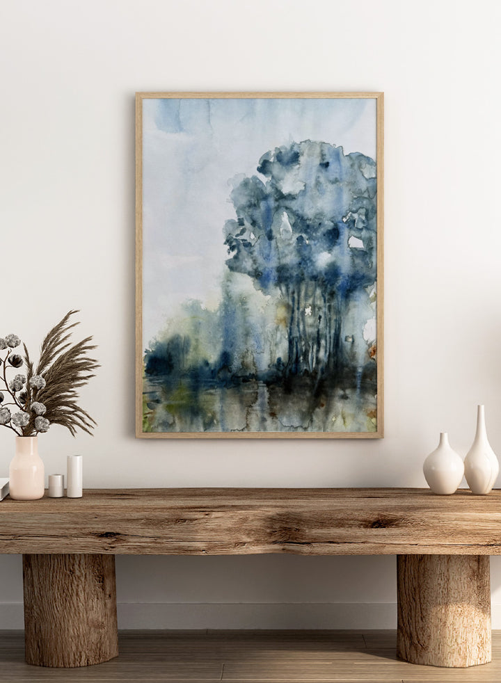 Shop Serene Forest Reflection by Helena Ryhle, a watercolor forest landscape wall art print poster with reflective water and a calm blue-toned mood.