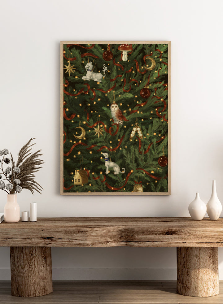 Shop Magical Christmas Tree by NKTN, a festive Christmas wall art print poster featuring woodland ornaments, moons, stars, ribbon, and glowing tree lights.