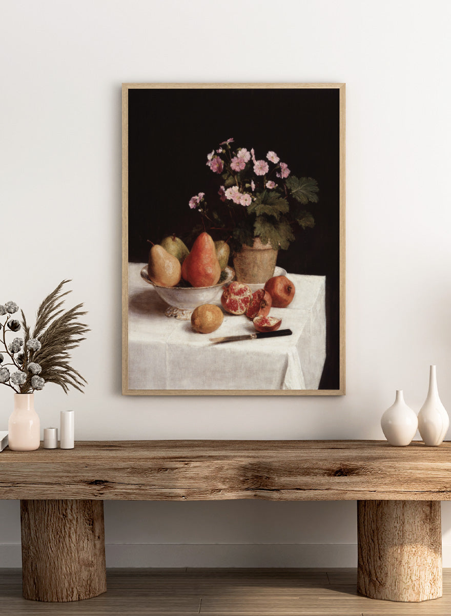 Shop Still Life with Primroses, Pears and Pomegranates by Henri Fantin-Latour, a vintage still life wall art print poster with warm brown tones.