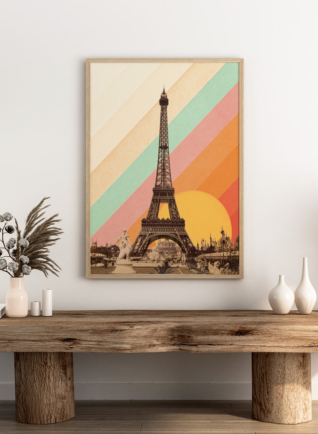 Eiffel Tower with a colorful geometric background. Eiffel Tower Retro Sunset by Florent Bodart is a Paris art print with vintage photo and colorful sunset stripes, a modern retro wall poster with bold graphic design.