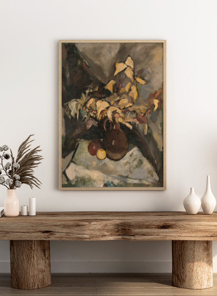 Shop Autumn Still Life by Zolo Palugyay, a vintage still life wall art print poster featuring autumn leaves, fruit, and flowers in warm brown tones.