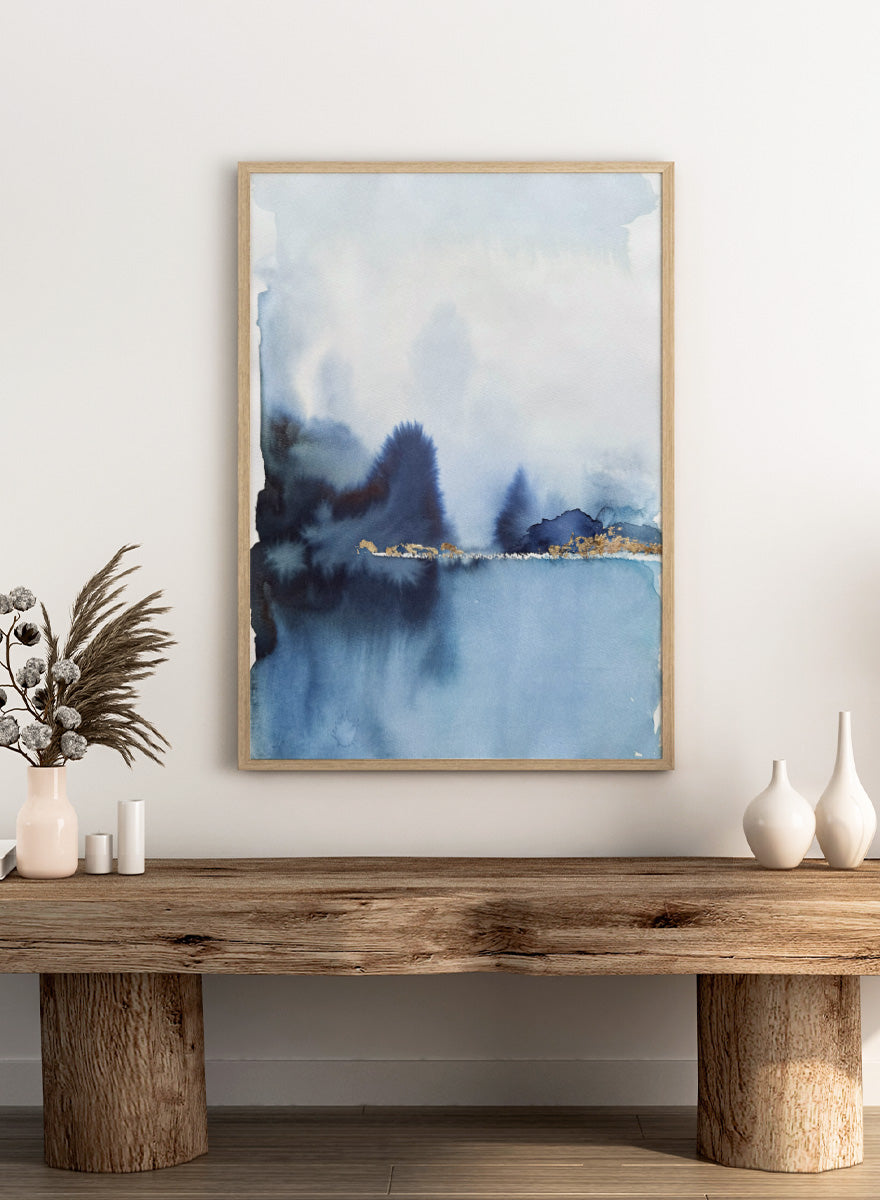 Shop Golden Horizon Blue Landscape by Helena Ryhle, a watercolor landscape wall art print poster with misty blue scenery and a striking gold horizon.