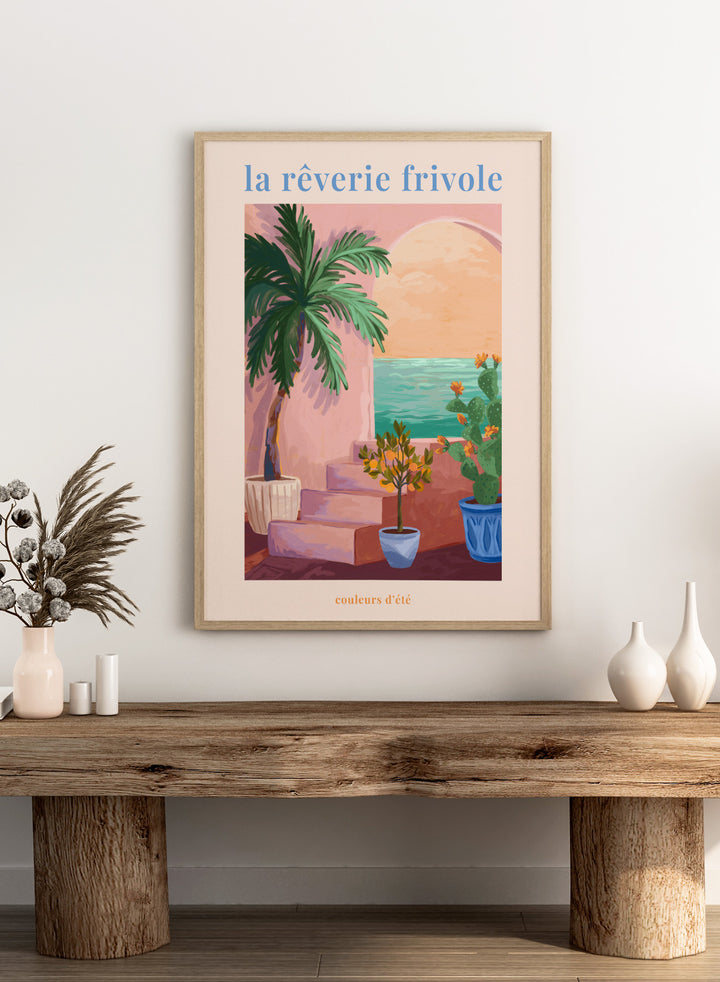 Artistic depiction of a tropical scene with palm trees and plants, featuring the text 'la rçverie frivole'. La Rêverie Frivole Palm by Goed Blauw is a coastal art print and wall poster featuring a palm tree, citrus plant, and ocean view in warm summer tones.