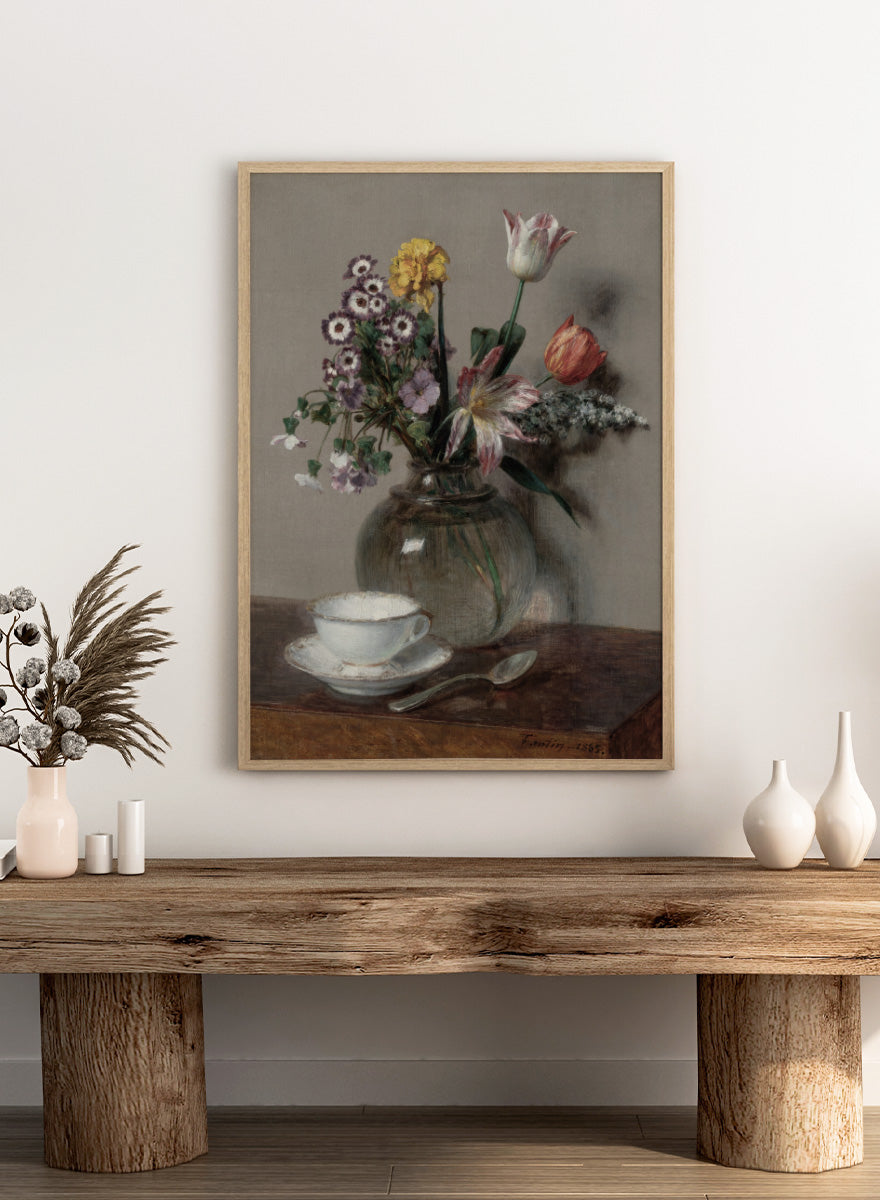 Shop Still Life with a Cup of Coffee by Henri Fantin-Latour, a vintage floral wall art print poster featuring a coffee cup and bouquet in soft brown tones.