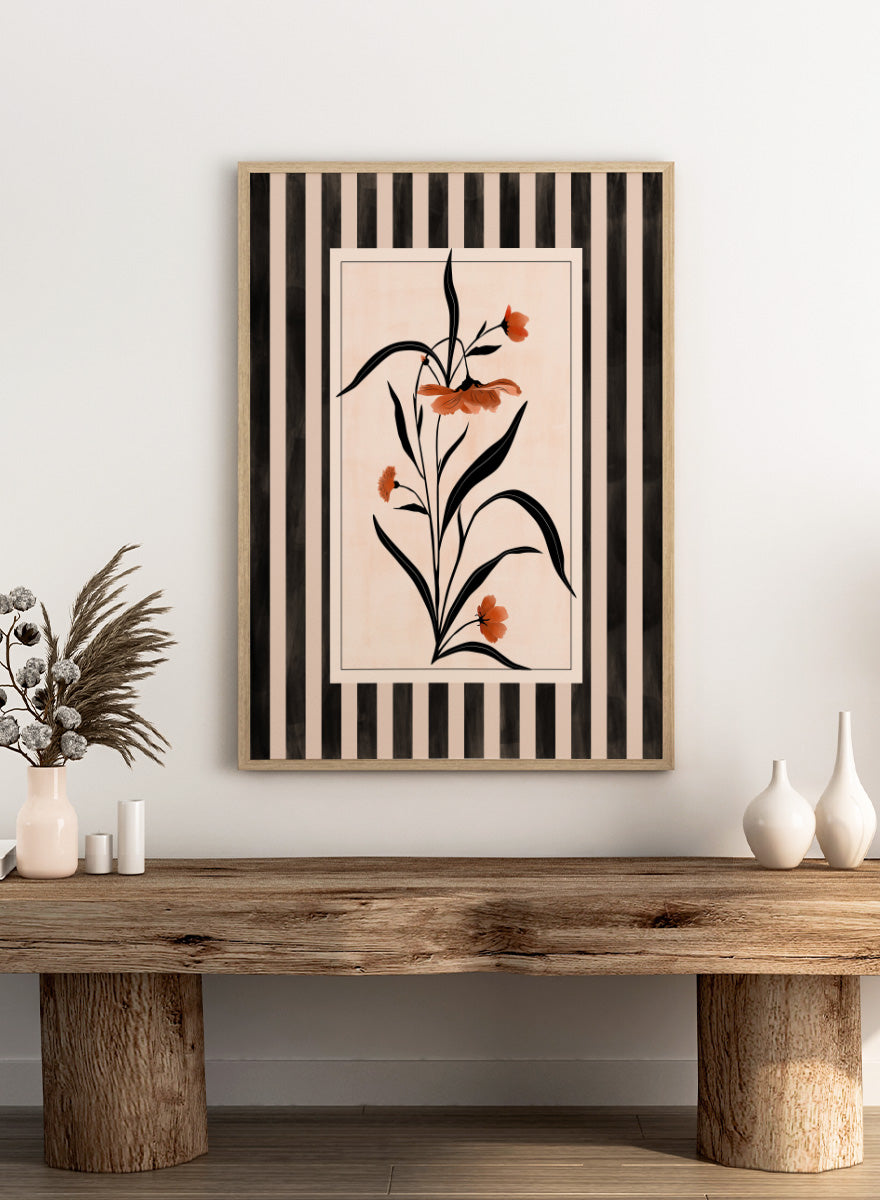Shop Terracotta Floral Stripes by Elena Ristova, a modern floral wall art print poster featuring terracotta flowers, black leaves, and bold striped borders.