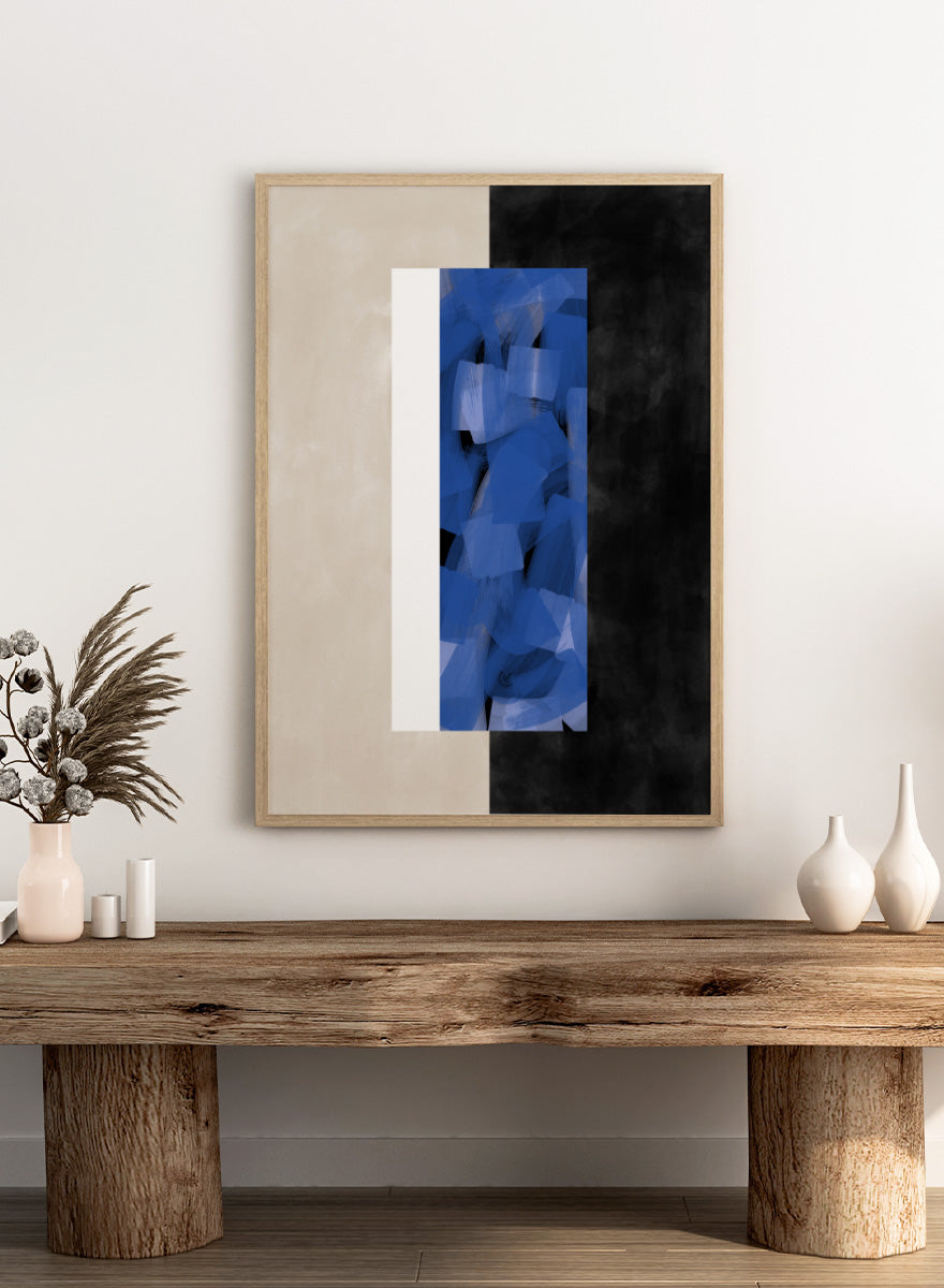 Shop Geometric Blue Layers by Elena Ristova, a modern abstract wall art print poster featuring layered cobalt brushwork, cream blocks, and bold black contrast.
