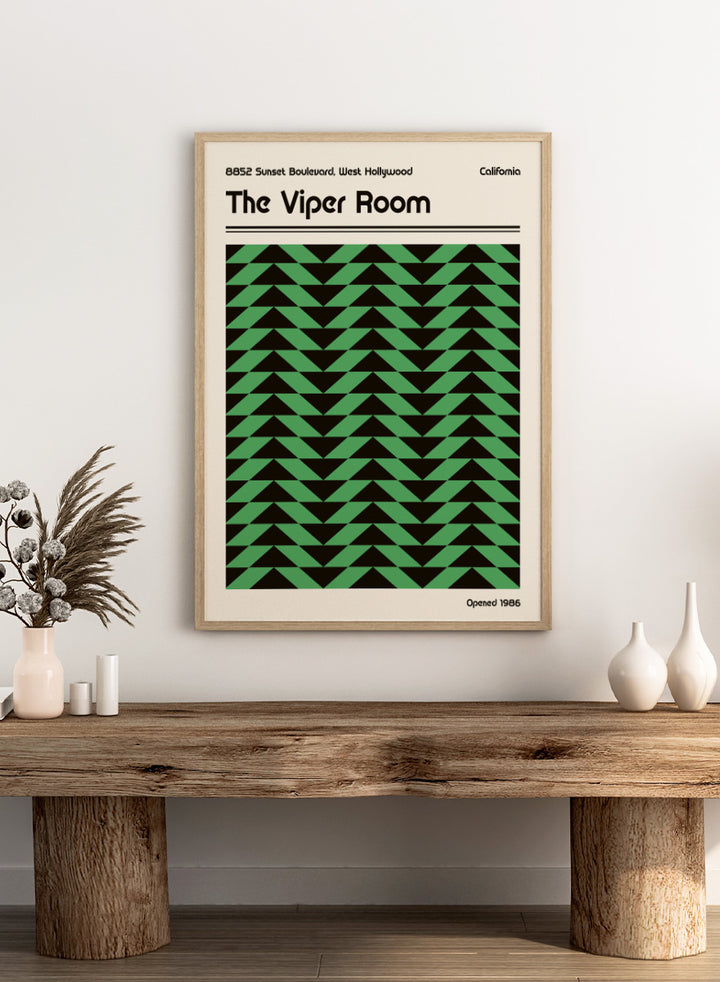 A poster-style graphic for The Viper Room, showing a cream background with black text reading the venue name and address, plus a large central green-and-black geometric pattern of repeating triangles. &