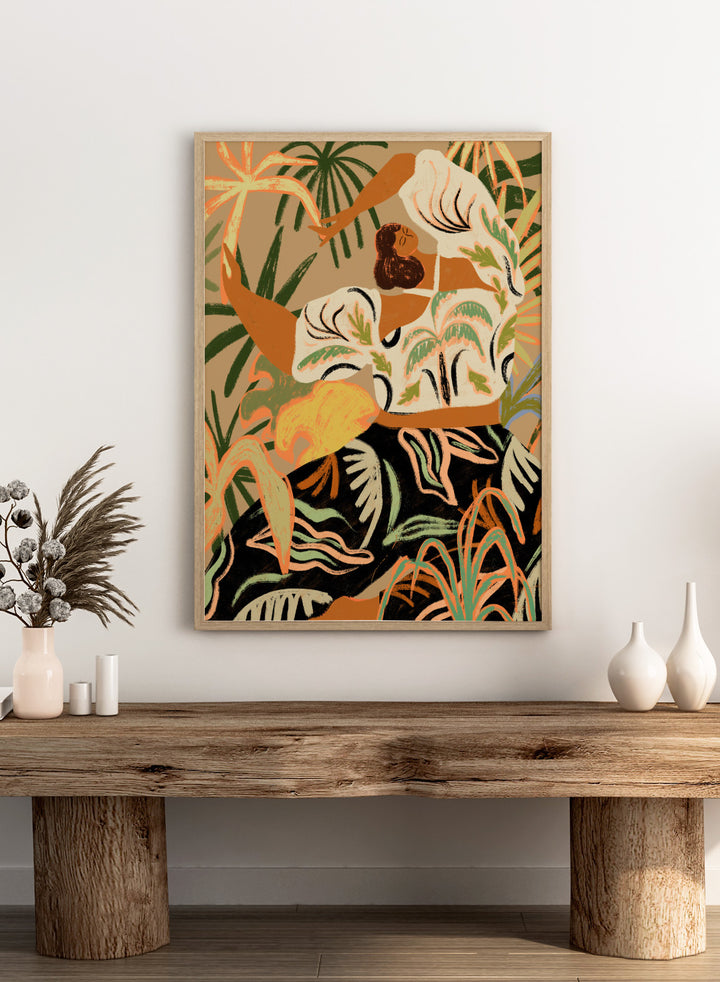 Artistic depiction of a woman in a floral dress with tropical plants in the background. Nature Embrace by Arty Guava art print featuring woman surrounded by tropical plants, flowing botanical illustration, and warm contemporary nature wall art poster.