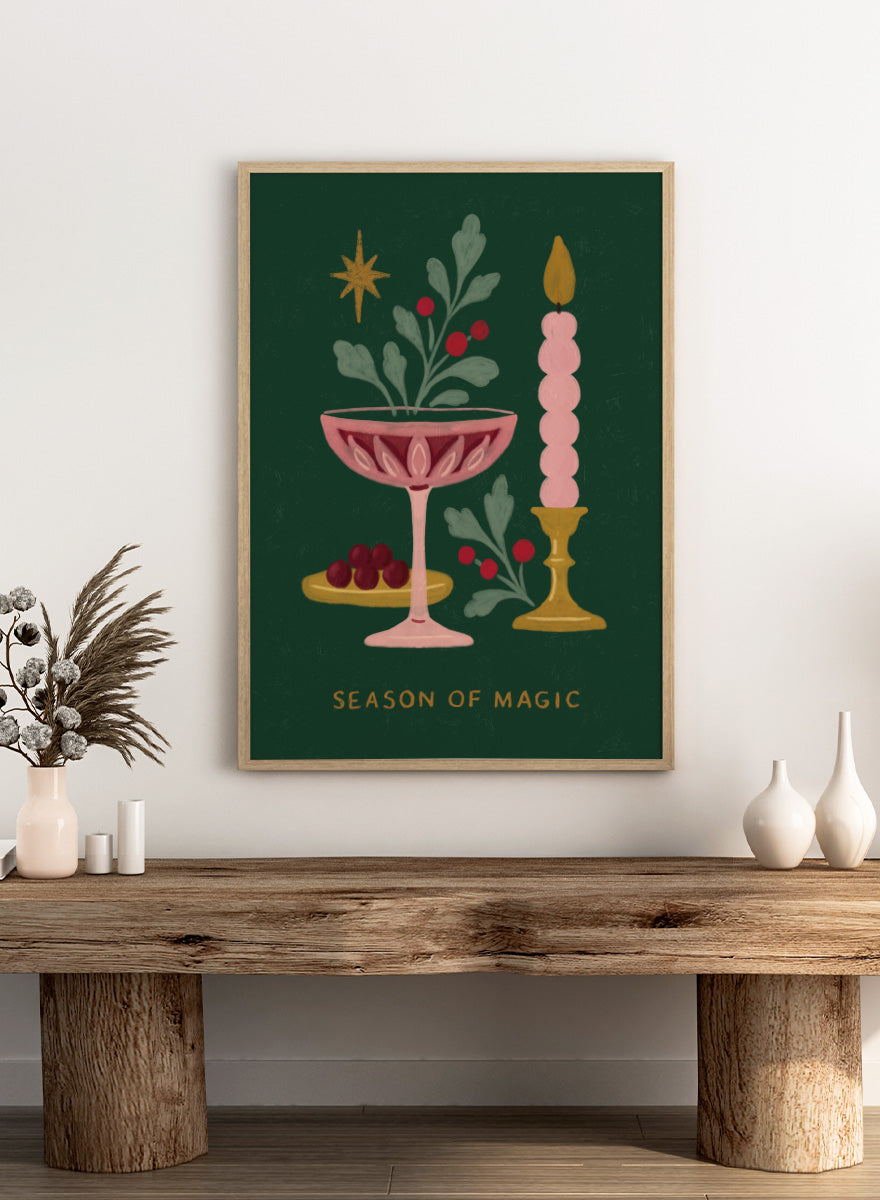 Shop Season of Magic by Katarzyna Gąsiorowska, a festive Christmas wall art print poster featuring a pink candle, berries, greenery, and holiday decor.