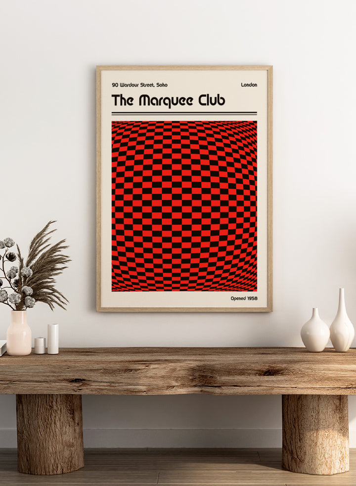 A poster-style graphic for The Marquee Club with a large red-and-black checkered optical illusion panel, black text reading &