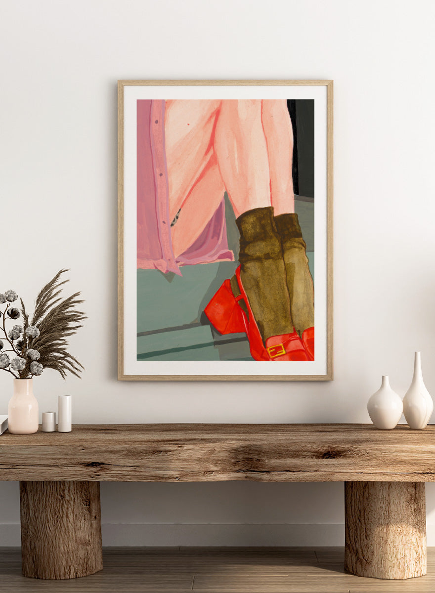 Shop Colorful Legs Red Shoes by Sophia Novosel, a modern figurative wall art print poster featuring red shoes, boots, legs, and fashion details.
