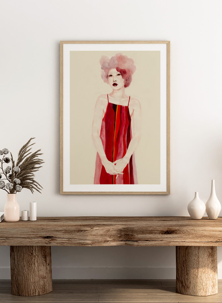 Shop Red Dress Portrait by Sophia Novosel, a modern female portrait wall art print poster featuring a woman in a red striped dress with soft pink hair.