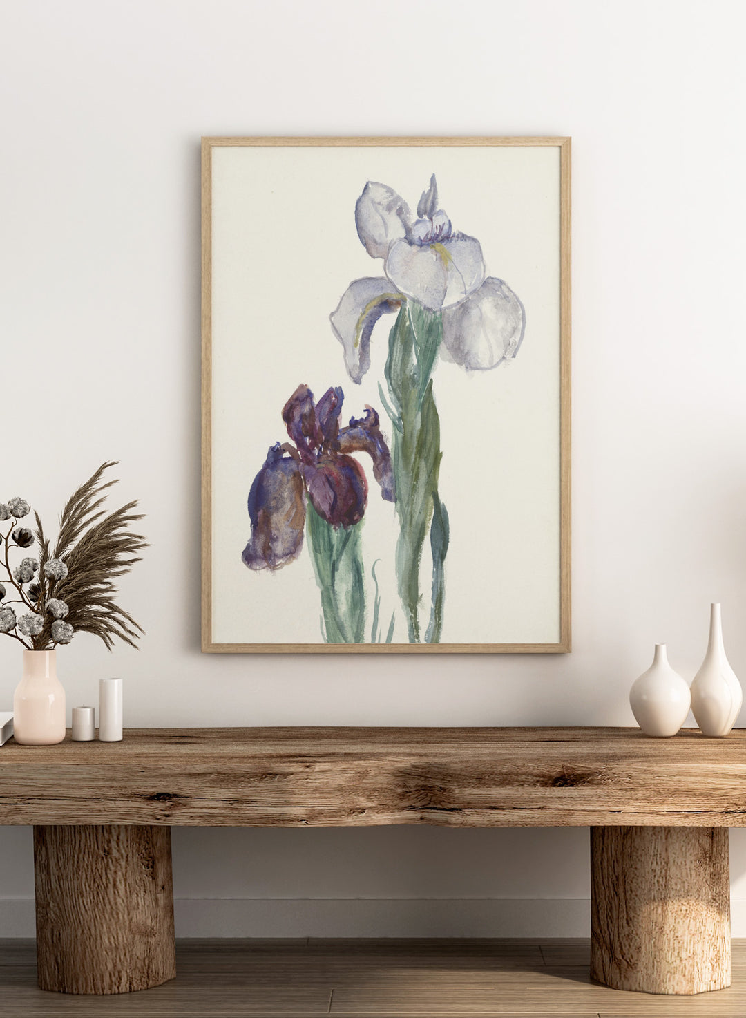 Irises by Sientje Mesdag-van Houten is a vintage botanical watercolor print of purple and white iris flowers, a soft floral piece for wall art and home decor.