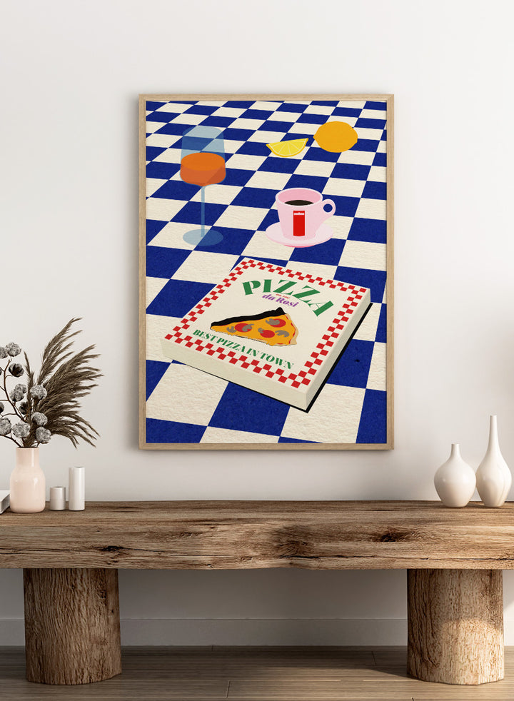Pizza box with 'Pizza da Ross' branding on a blue and white checkered background. The Italian Menu by Rosi Feist is a modern kitchen wall art print featuring pizza and espresso in a bold minimalist food poster style.