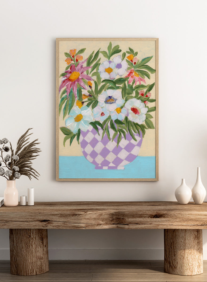 Shop Cheerful Flower Bouquet by Nikita Jariwala, a floral wall art print poster featuring a colorful flower arrangement in a purple checkered vase.