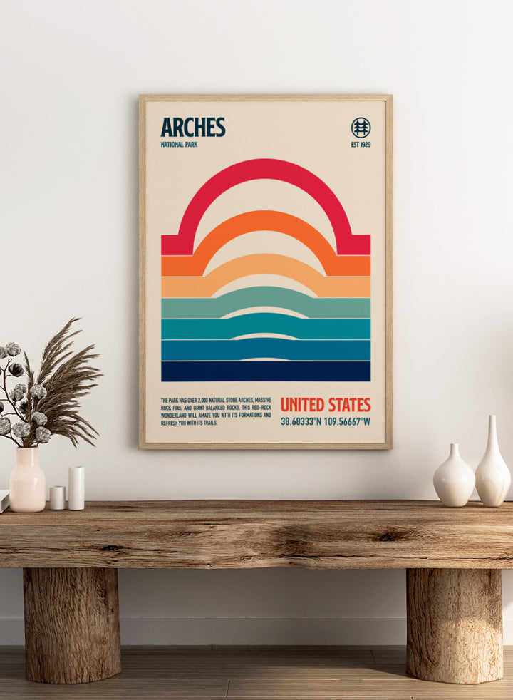 A retro-style poster for Arches National Park featuring a stylized rainbow arch made of horizontal color bands on a cream background, with the text &