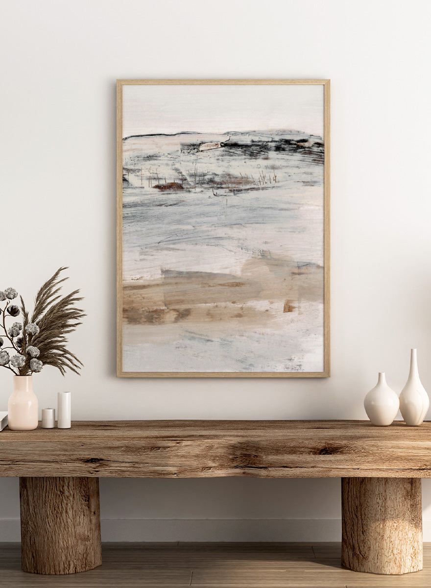 Shop August No. 02 by Dan Hobday, an abstract landscape art print with soft neutral tones, loose brushwork, distant landforms, and warm earthy texture.