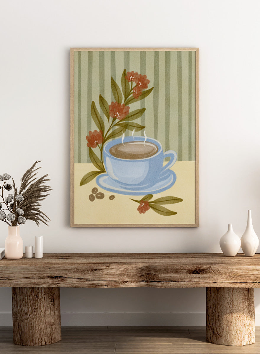 Shop Steaming Coffee Bloom by Nikita Jariwala, a kitchen wall art print poster featuring a blue coffee cup, floral still life, coffee beans, and blue tones.