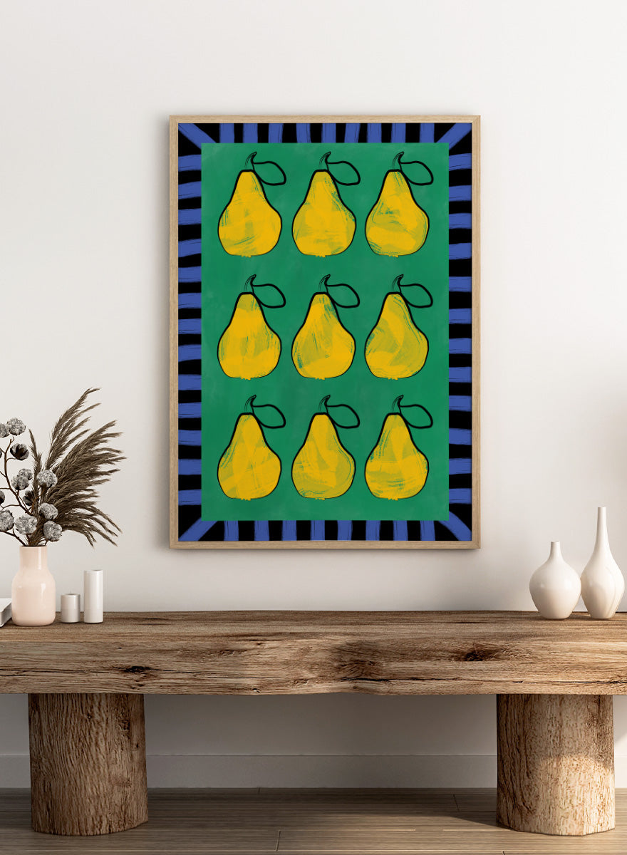 Shop Vibrant Pears Grid by Elena Ristova, a colorful pear wall art print poster in yellow, green, and blue with a bold graphic grid design.