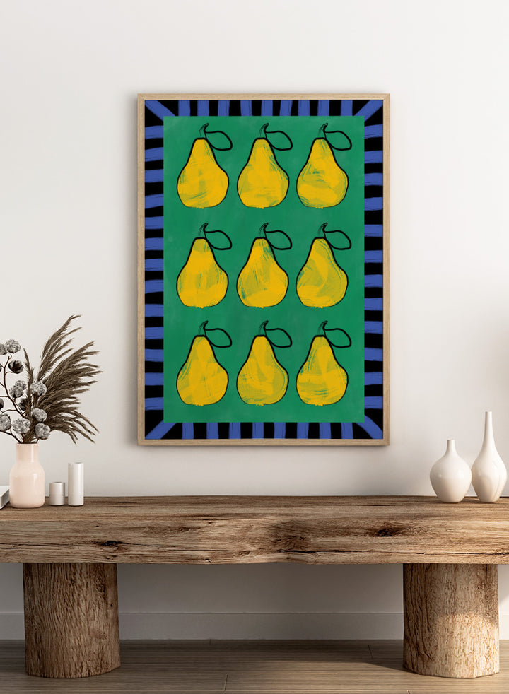 Shop Vibrant Pears Grid by Elena Ristova, a colorful pear wall art print poster in yellow, green, and blue with a bold graphic grid design.
