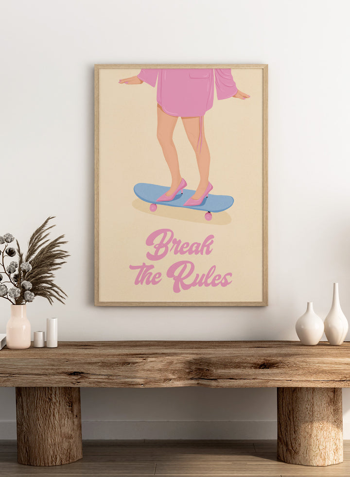 A stylized poster illustration showing a person from the waist down in a pink robe and pink heels standing on a blue skateboard with the text &