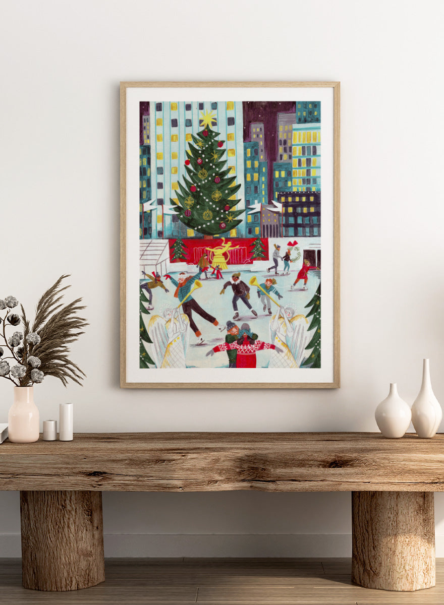 Shop Ice Skating at Rockefeller Center Christmas, a festive Christmas wall art print poster with skaters, city lights, and a New York holiday scene.
