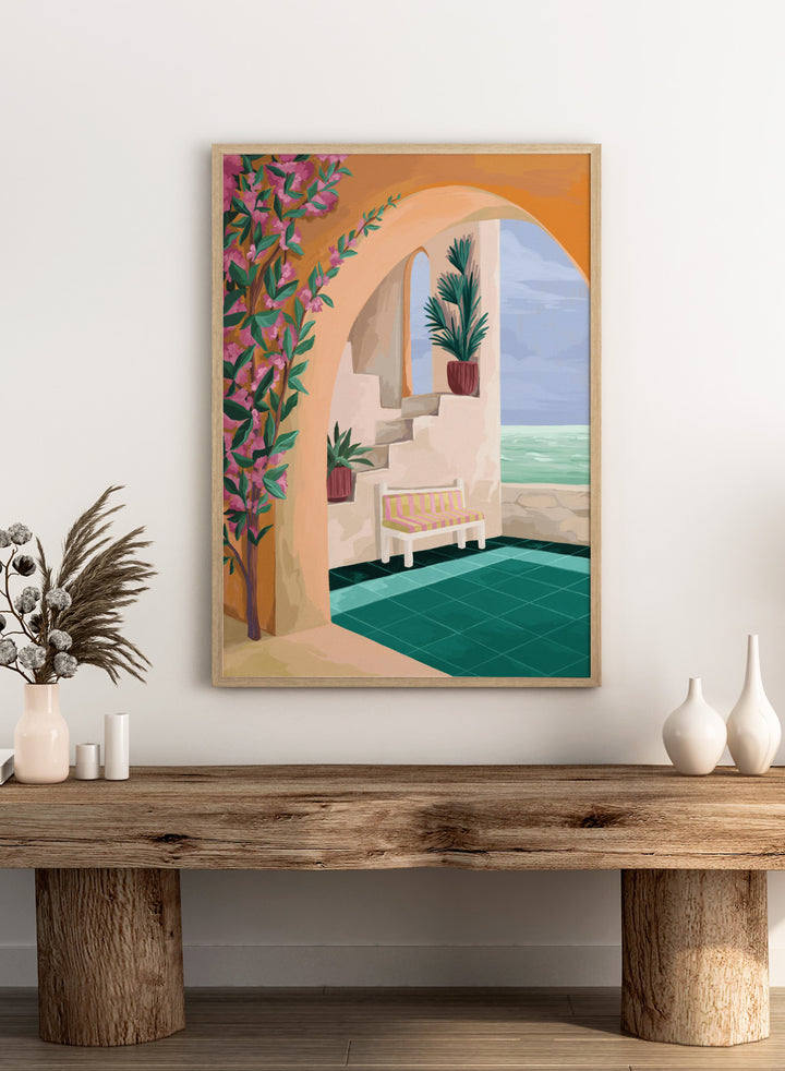 Decorative interior scene with an arch, bench, and ocean view. Bench with a View by Goed Blauw is a coastal art print and wall poster featuring an arched terrace, striped bench, and ocean view with warm tones.