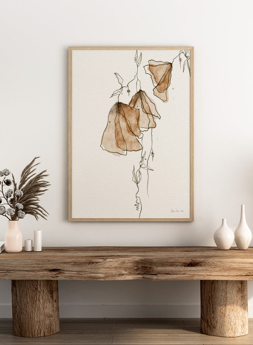 Shop Soft Watercolor Blooms by Ankie Kooi, an abstract floral wall art print poster with watercolor flowers, botanical line art, brown, cream, and green.