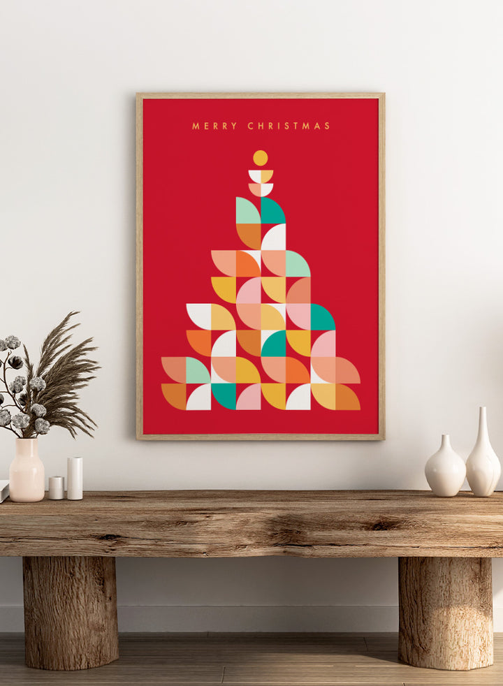 Shop Geometric Christmas Tree by Dominique Vari, a colorful Christmas wall art print poster featuring a retro geometric tree in red, pink, orange, teal, and yellow.