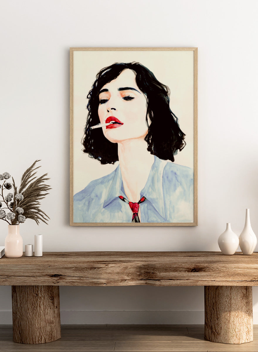 Shop Chic Woman with Cigarette by Sophia Novosel, a modern female portrait wall art print poster featuring dark hair, red lips, a blue shirt, and bold fashion styling.