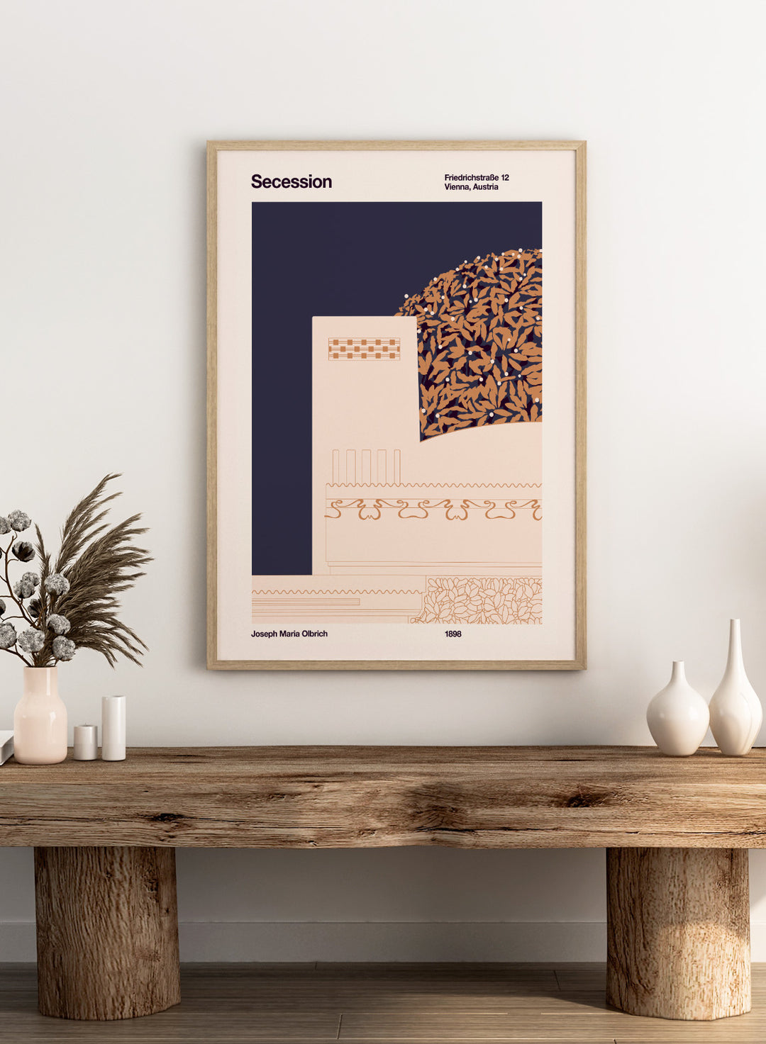 Poster design with geometric patterns and text on a dark blue and beige background. Vienna Secession Building by Florent Bodart is a modern architectural art print inspired by Vienna Secession design, a minimalist wall poster with geometric detail and warm tones.