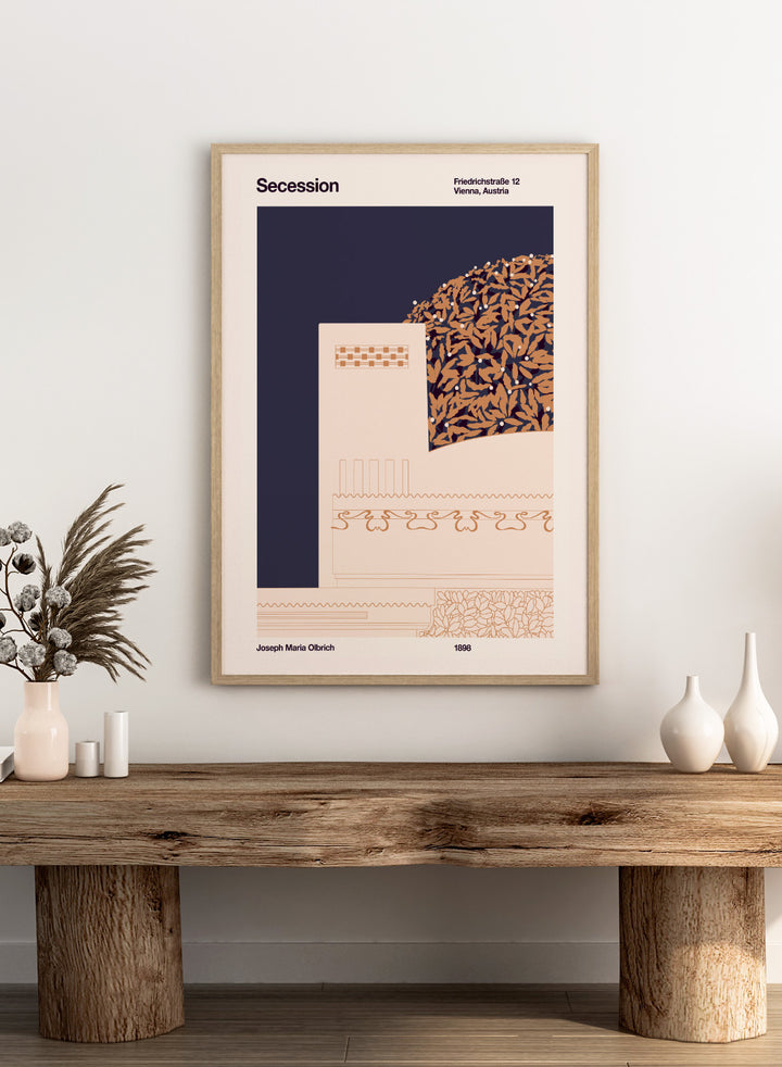 Poster design with geometric patterns and text on a dark blue and beige background. Vienna Secession Building by Florent Bodart is a modern architectural art print inspired by Vienna Secession design, a minimalist wall poster with geometric detail and warm tones.