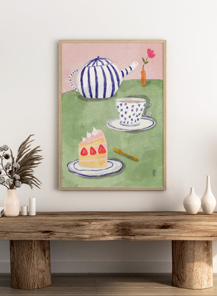 A whimsical watercolor-style illustration of a tea-time scene with a blue-and-white striped teapot, a blue-and-white patterned teacup and saucer, a slice of strawberry cake on a plate, a small gold fork, and a pink background with a vase holding a flower. Shop Strawberry Tea Time by Dirkie Nell, a colorful still life art print featuring strawberry cake, tea, a striped teapot, pink flowers, and retro pastel tones.