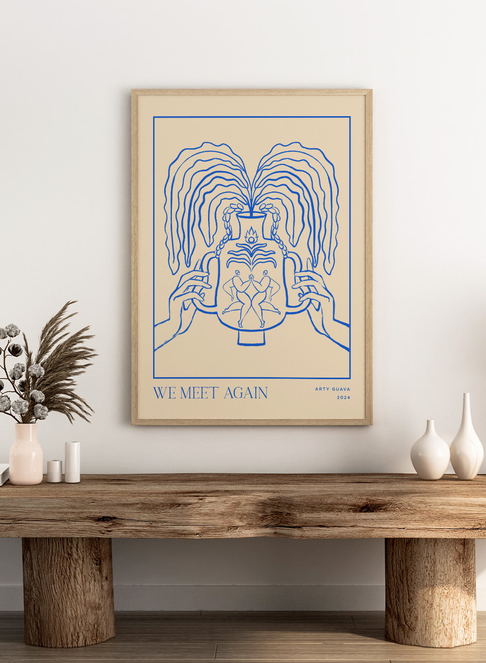 Artistic depiction of hands holding a vase with flowing hair, titled 'We Meet Again' by Arty Guava. Vessel Collection: We Meet Again by Arty Guava art print, modern line wall poster with a decorative vase design, contemporary minimalist artwork.