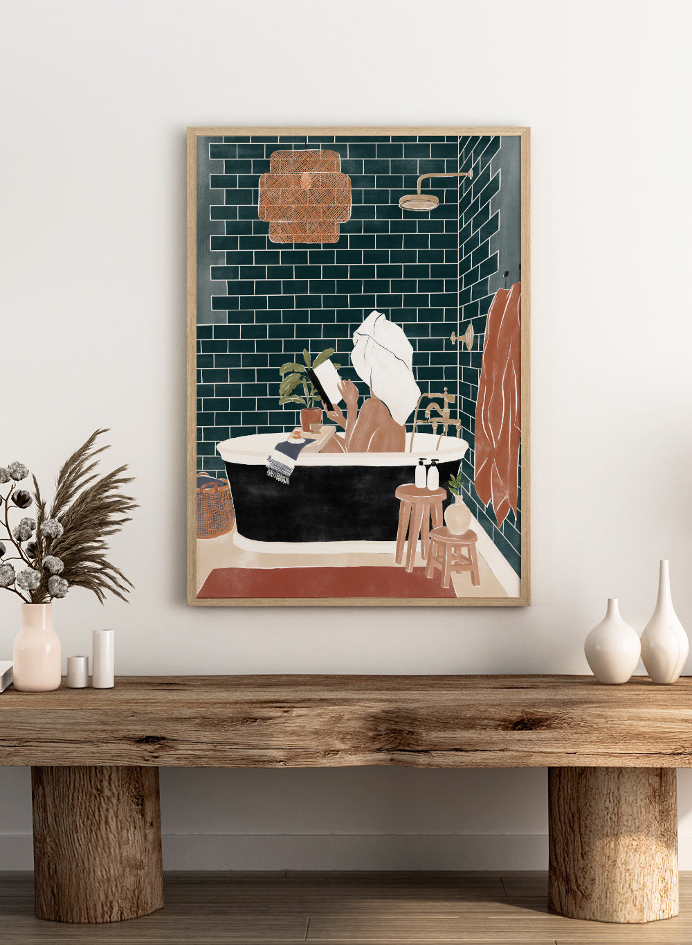 Bathroom Babe by Ivy Green is a contemporary illustration art print featuring a woman relaxing in a bathtub. Premium fine art print with real wood framing.