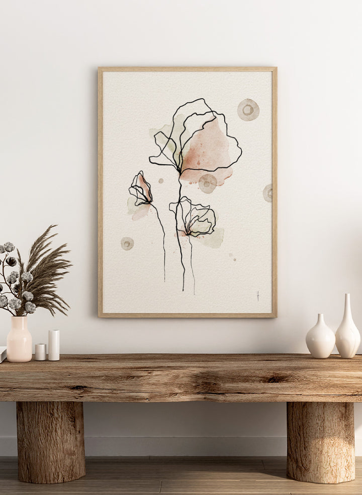 Shop Abstract Watercolor Flowers by Ankie Kooi, a floral wall art print poster with blush pink blooms, black linework, pale green washes, and soft botanical detail.