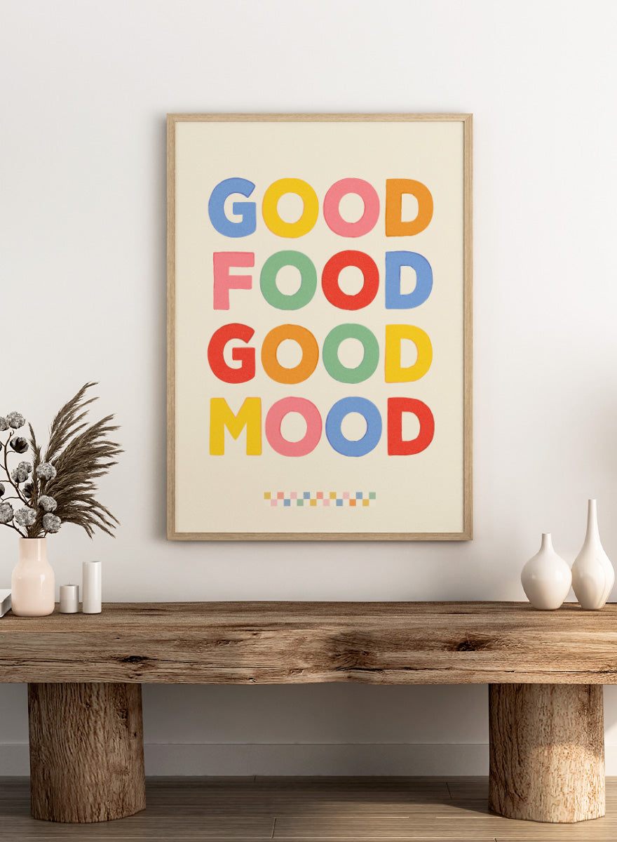 Shop Good Food Good Mood by Dominique Vari, a colorful kitchen wall art print poster featuring playful retro typography and a cheerful food-inspired message.