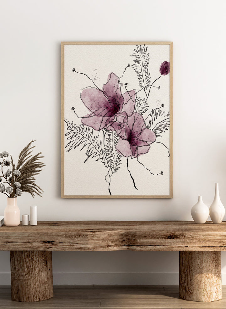 Abstract floral art print featuring two translucent mauve-purple watercolor flower shapes with black line-drawn stems and fern-like leaves on a textured off-white background. Shop Delicate Botanical Outline by Ankie Kooi, a floral wall art print poster with purple watercolor flowers, botanical line art, fern leaves, and cream tones.