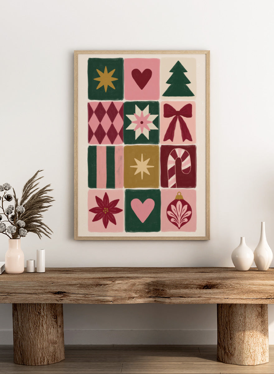 Shop Festive Christmas Grid by Katarzyna Gąsiorowska, a Christmas wall art print poster featuring a tree, bow, candy cane, poinsettia, ornament, and holiday motifs.