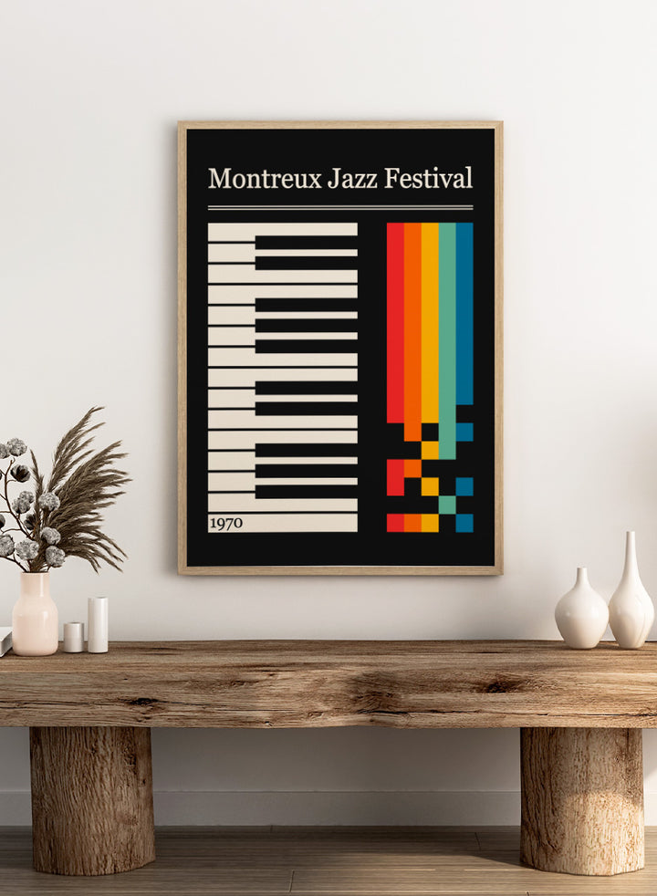 Montreux Jazz Festival 1970 poster design with a black background, white piano keys on the left, a vertical rainbow stripe graphic on the right, and the festival title at the top. Colorful Jazz Keyboard by Retrodrome retro music art print featuring piano keys, Montreux Jazz Festival typography, and bold 1970s color blocks.