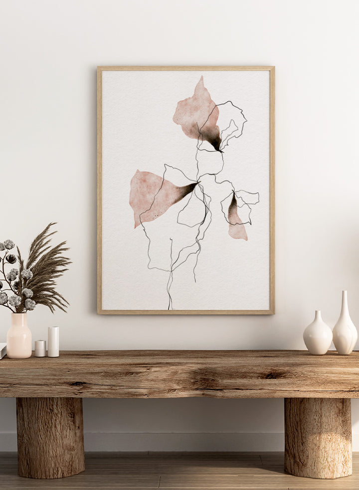 Shop Delicate Blush Botanicals by Ankie Kooi, a modern floral wall art print poster with abstract watercolor flowers, botanical line art, pink, cream, and black.
