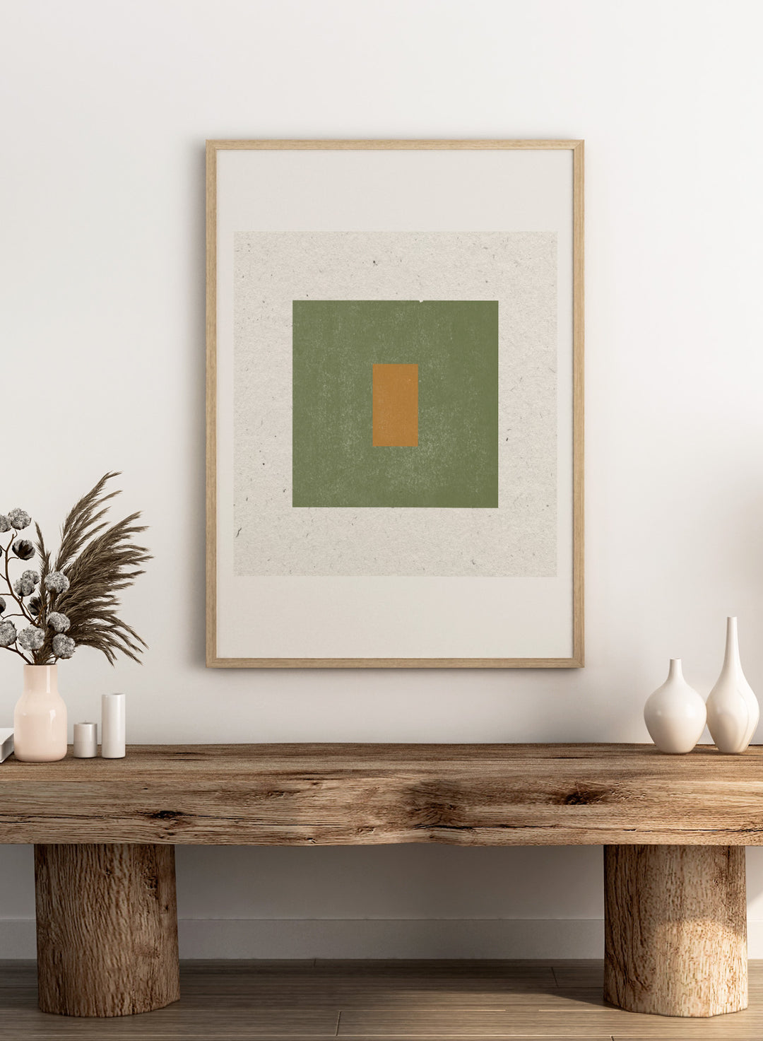 Abstract art with a green square and a smaller brown rectangle on a textured beige background. Minimalist Harmony by The MIUUS Studio is a minimalist abstract art print and wall poster featuring geometric shapes, neutral tones, and modern textured design.