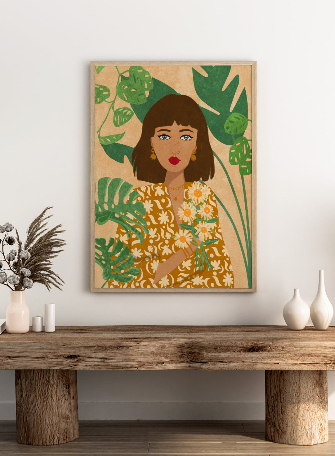 Illustration of a woman holding flowers with green leaves in the background. Plant Lady by Raissa Oltmanns fine art print featuring modern botanical woman portrait with daisies and green leaves, contemporary wall art poster.