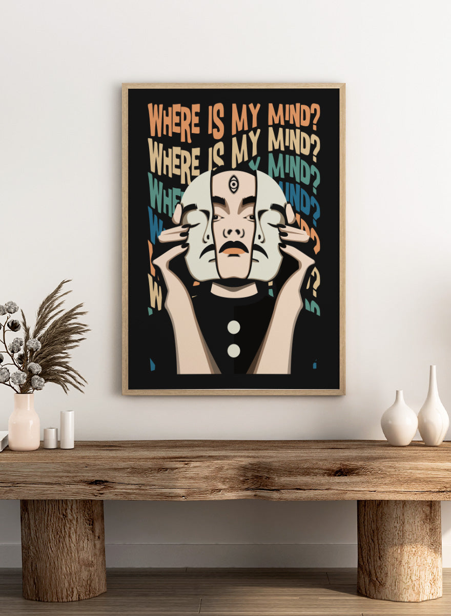 A stylized graphic art print featuring a person in a black outfit holding a white mask in front of their face, with the text &