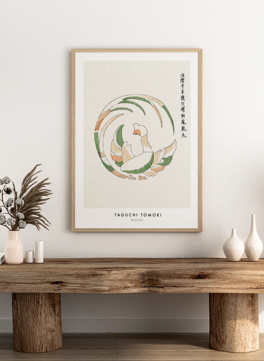 Rooster Yatsuo no Tsubaki by Taguchi Tomoki is a vintage Japanese woodblock art print featuring a stylized rooster in green, peach, and orange with original script.