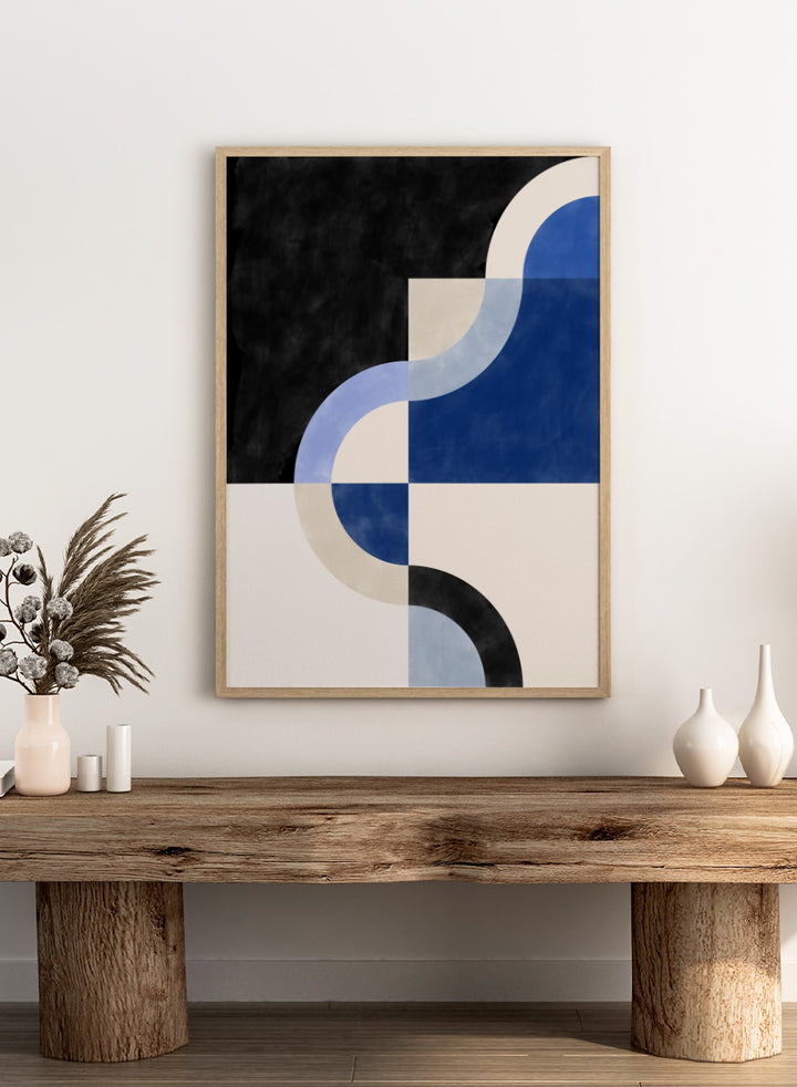 Shop Abstract Curves Flow by Elena Ristova, a modern abstract wall art print poster featuring sweeping blue curves, cream blocks, and bold black accents.