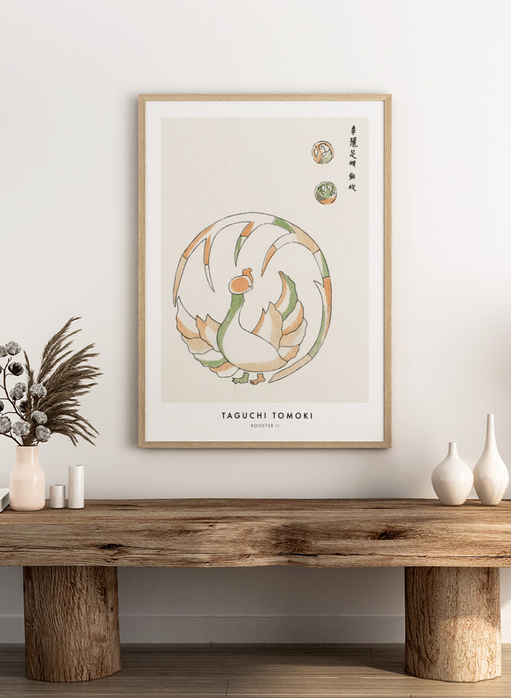 Rooster II Yatsuo no Tsubaki by Taguchi Tomoki is a vintage Japanese woodblock art print featuring a stylized rooster in green, peach, and orange with original script.