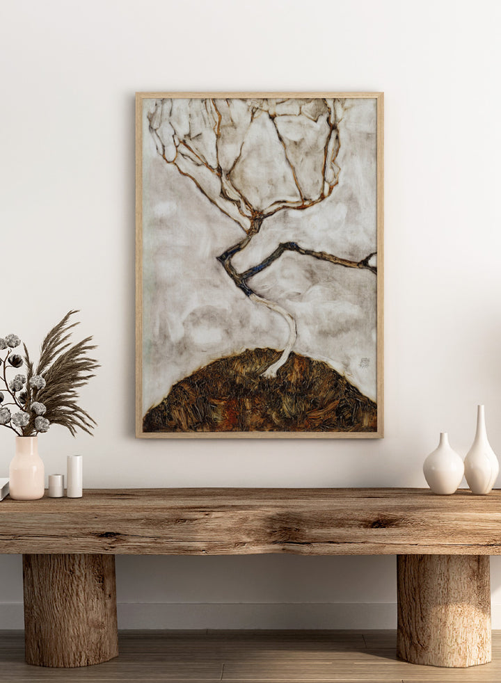 Shop Small Tree in Late Autumn by Egon Schiele, a vintage Expressionist wall art print poster featuring a bare autumn tree in soft cream tones.