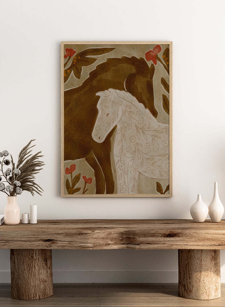 Shop Gentle Floral Horses by Nikita Jariwala, a decorative horse wall art print featuring two horses, botanical pattern, folk-inspired detail, and warm earthy tones.